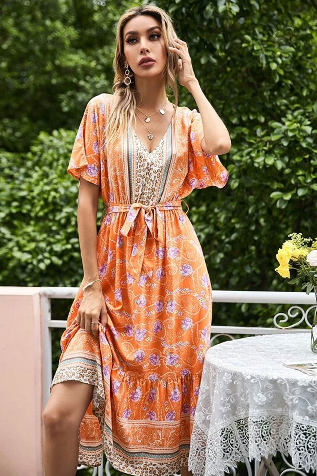 Boho Midi Dress, Sundress, Orange Sundaze
