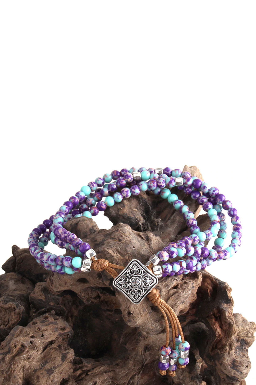 Boho Bracelet, RH 3 Layers Leather Wrap Bracelet,  Green and Purple Natural Stones