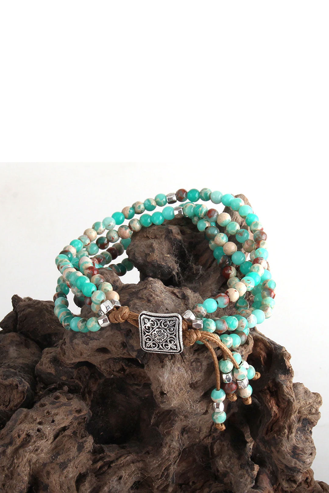 Boho Bracelet, RH 3 Layers Leather Wrap Bracelet,  Green and Purple Natural Stones