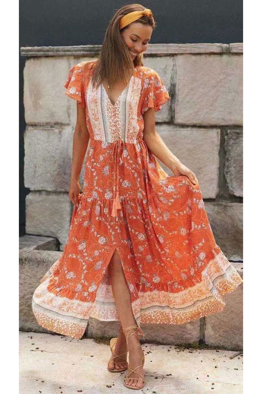 Boho Midi Dress, Sundress, Orange Sundaze