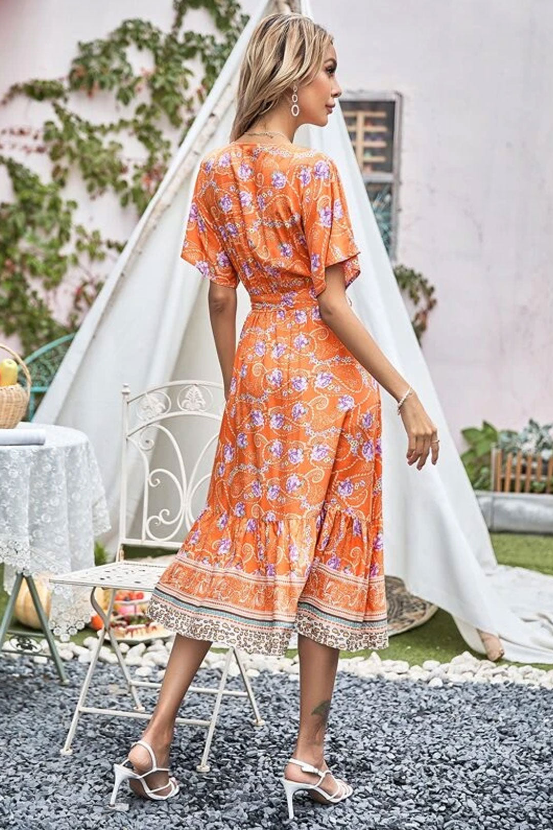Boho Midi Dress, Sundress, Orange Sundaze