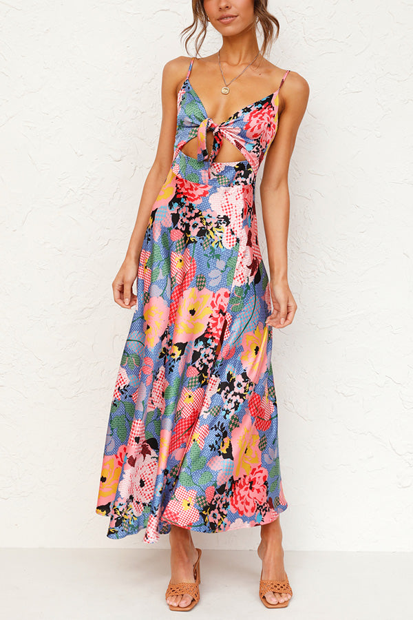 Cailey Satin Printed Cutout Slit Midi Dress
