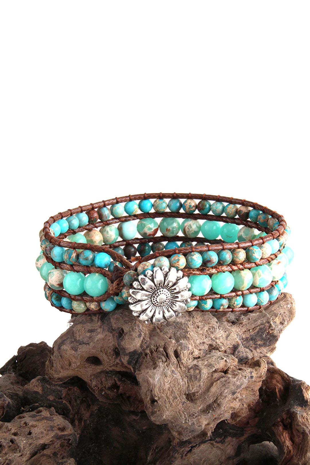 Boho Bracelet, RH 3 Layers Leather Wrap Bracelet, Green, Brown and Navy Natural Stones