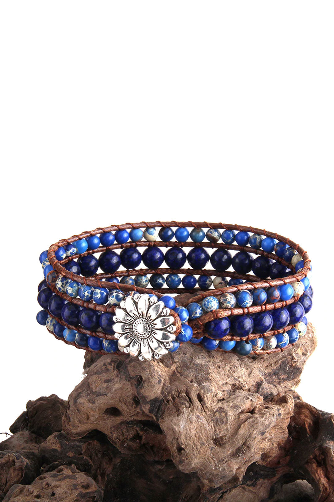 Boho Bracelet, RH 3 Layers Leather Wrap Bracelet, Green, Brown and Navy Natural Stones