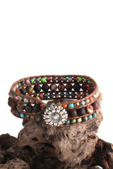 Boho Bracelet, RH 3 Layers Leather Wrap Bracelet, Green, Brown and Navy Natural Stones