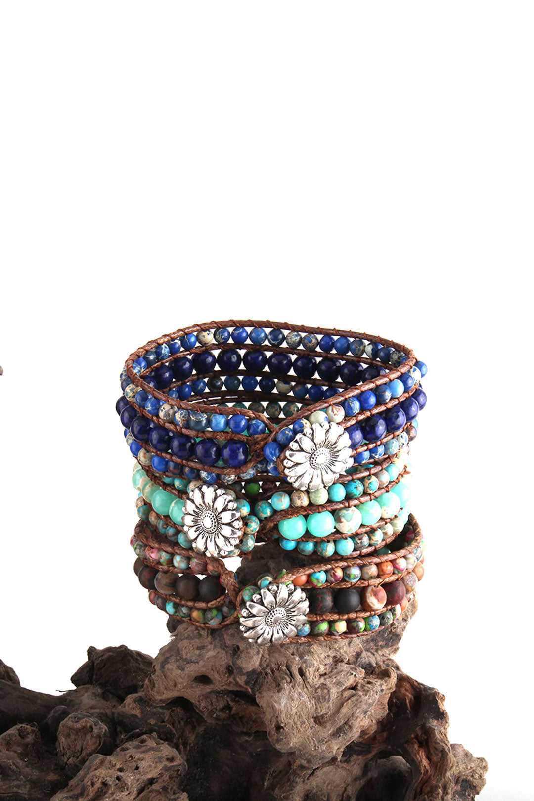 Boho Bracelet, RH 3 Layers Leather Wrap Bracelet, Green, Brown and Navy Natural Stones