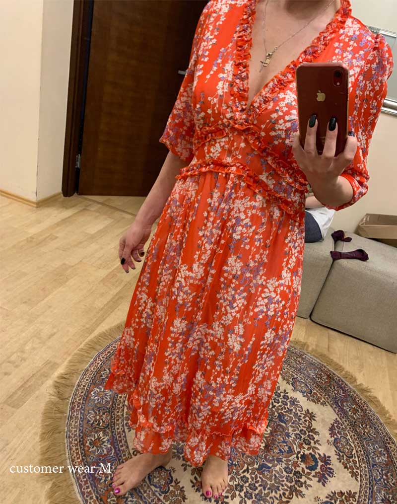Boho Midi Dress, Ruffle Floral Lillian Red