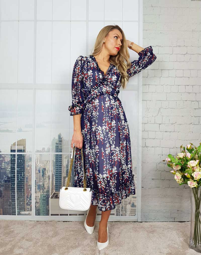 Boho Midi Dress, Ruffle Floral Lillian Red