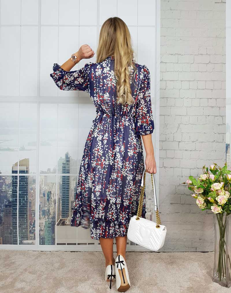 Boho Midi Dress, Ruffle Floral Lillian Navy