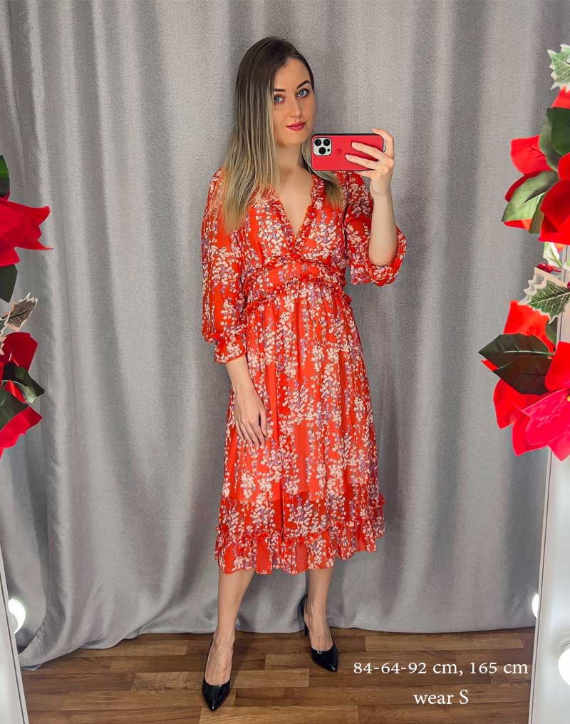 Boho Midi Dress, Ruffle Floral Lillian Red
