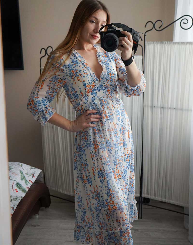 Boho Midi Dress, Ruffle Floral Lillian Navy
