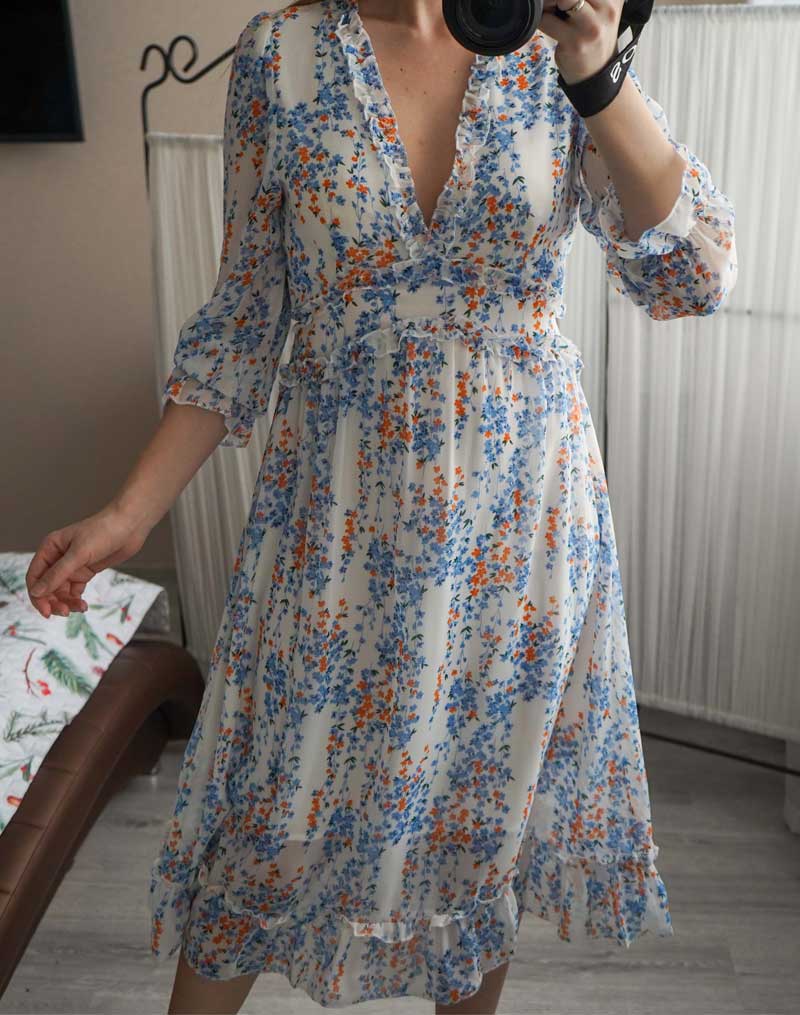 Boho Midi Dress, Ruffle Floral Lillian White