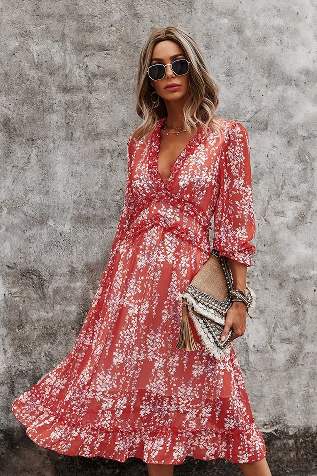 Boho Midi Dress, Ruffle Floral Lillian Red