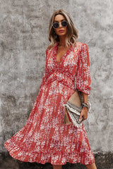 Boho Midi Dress, Ruffle Floral Lillian Red