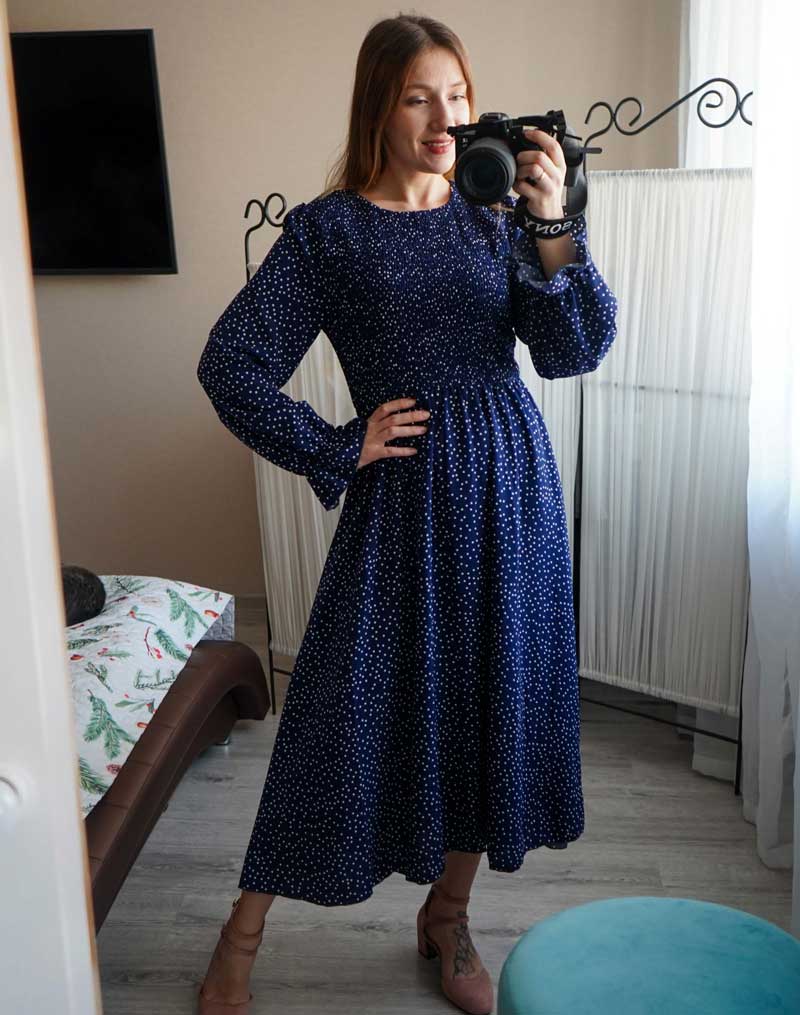 Boho Midi Dress, Amelia Blue Polka Dot