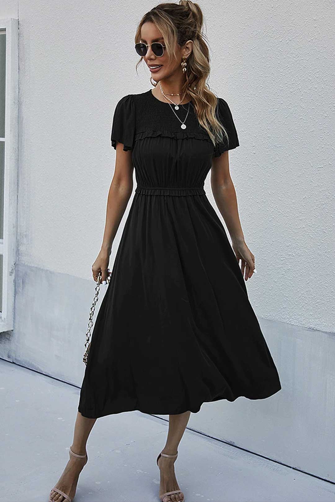 Boho Midi Dress, Ruffle Grace in Black