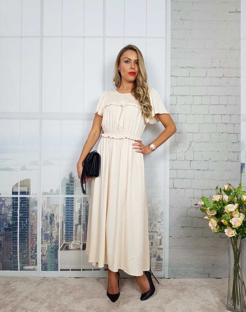 Boho Midi Dress, Ruffle Grace in Ivory