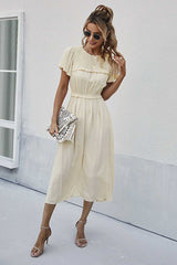 Boho Midi Dress, Ruffle Grace in Ivory