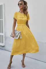 Boho Midi Dress, Ruffle Grace in Yellow