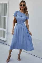 Boho Midi Dress, Ruffle Grace in Blue