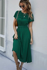 Boho Midi Dress, Ruffle Grace in Green