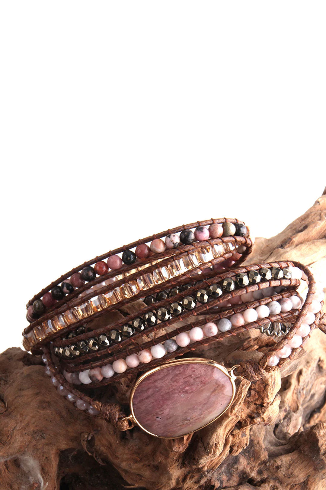 Boho Bracelet, RH 5 Layers Leather Wrap Bracelet, Pink Rose quartz
