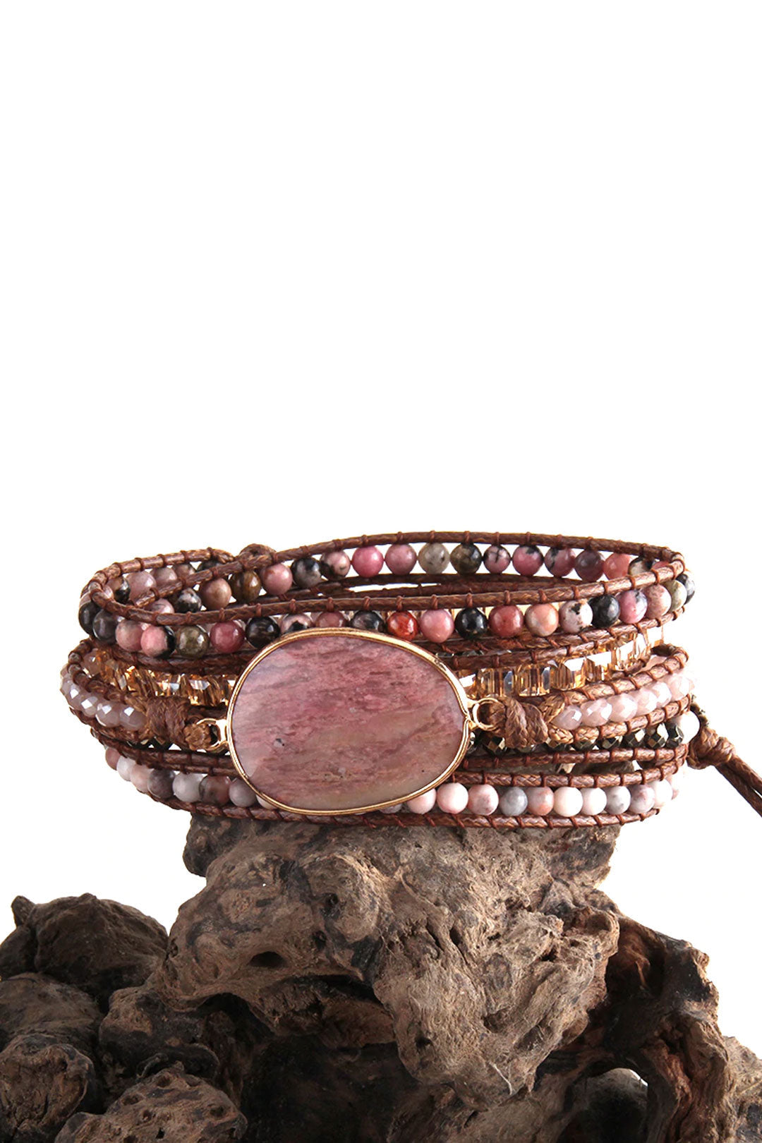 Boho Bracelet, RH 5 Layers Leather Wrap Bracelet, Pink Rose quartz