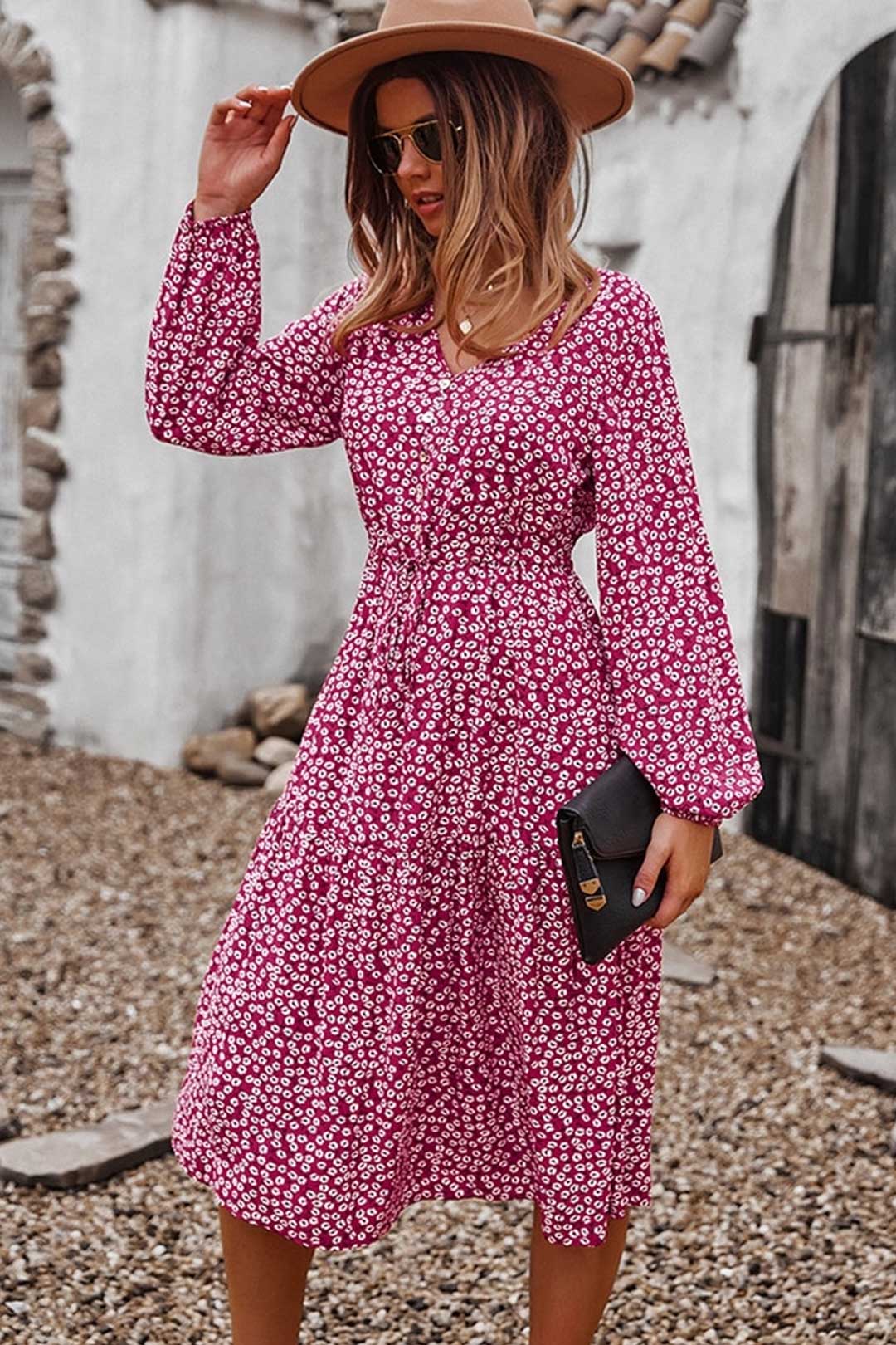 Boho Midi Dress, Claire in Red
