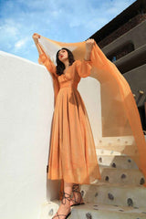 Maxi Dress with Matching Scarf, Boho Vintage Dress, Gown, Sahara in Gold