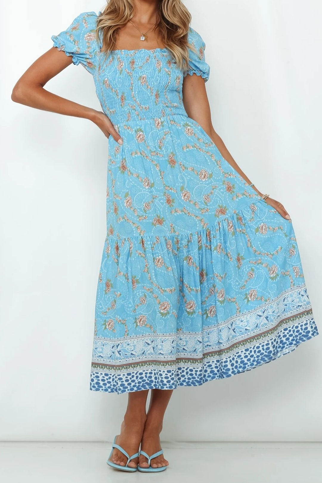 Boho Maxi Dress, Sundress, Blue Amary