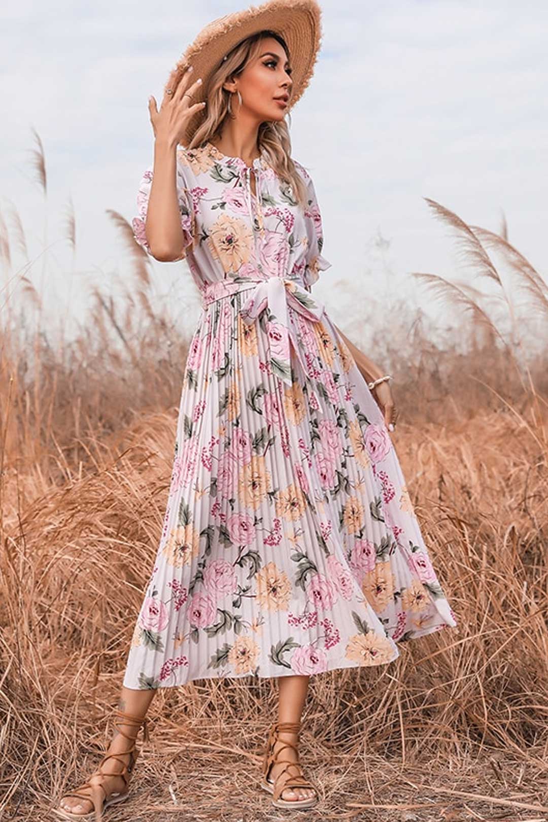 Boho Midi Dress, Pleted Dress Maisie in Pink