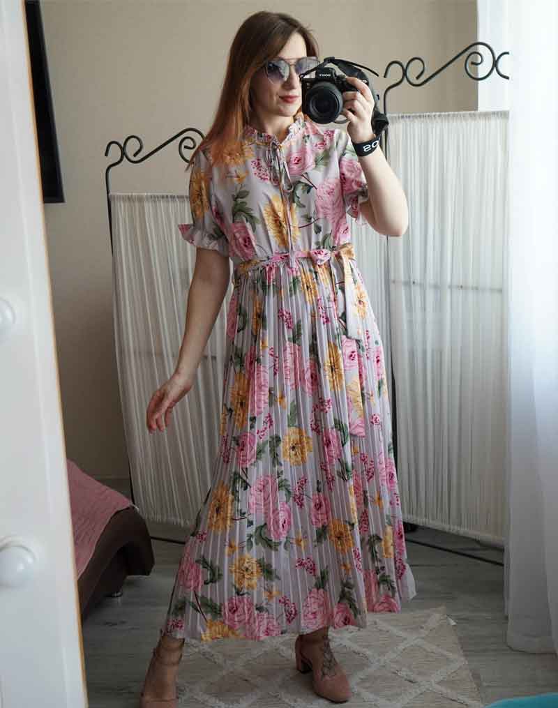 Boho Midi Dress, Pleted Dress Maisie in Navy
