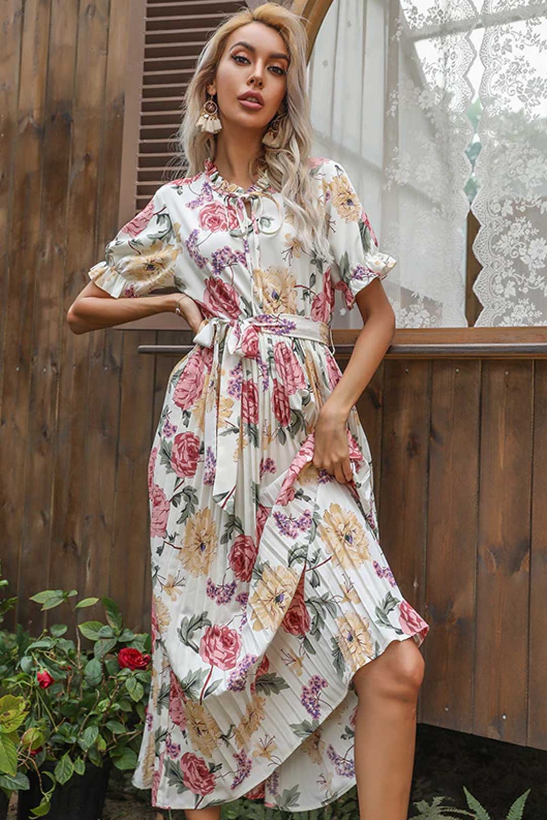 Boho Midi Dress, Pleted Dress Maisie in Whitee