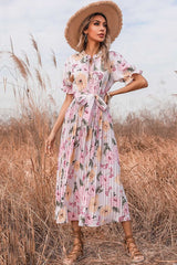 Boho Midi Dress, Pleted Dress Maisie in Pink