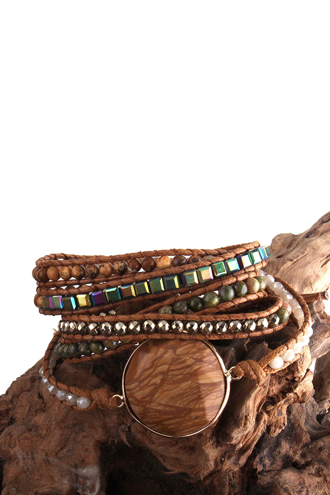 Boho Bracelet, RH 5 Layers Leather Wrap Bracelet, Black Tourmaline