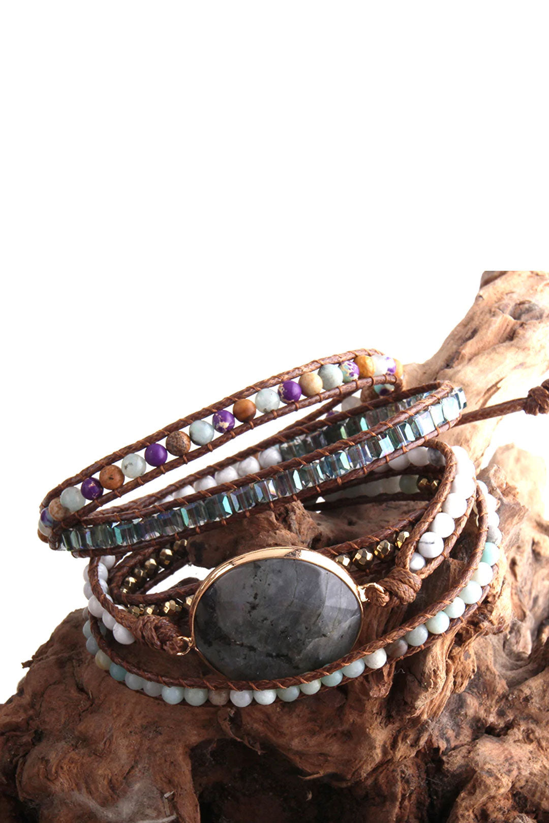 Boho Bracelet, RH 5 Layers Leather Wrap Bracelet, Black Tourmaline