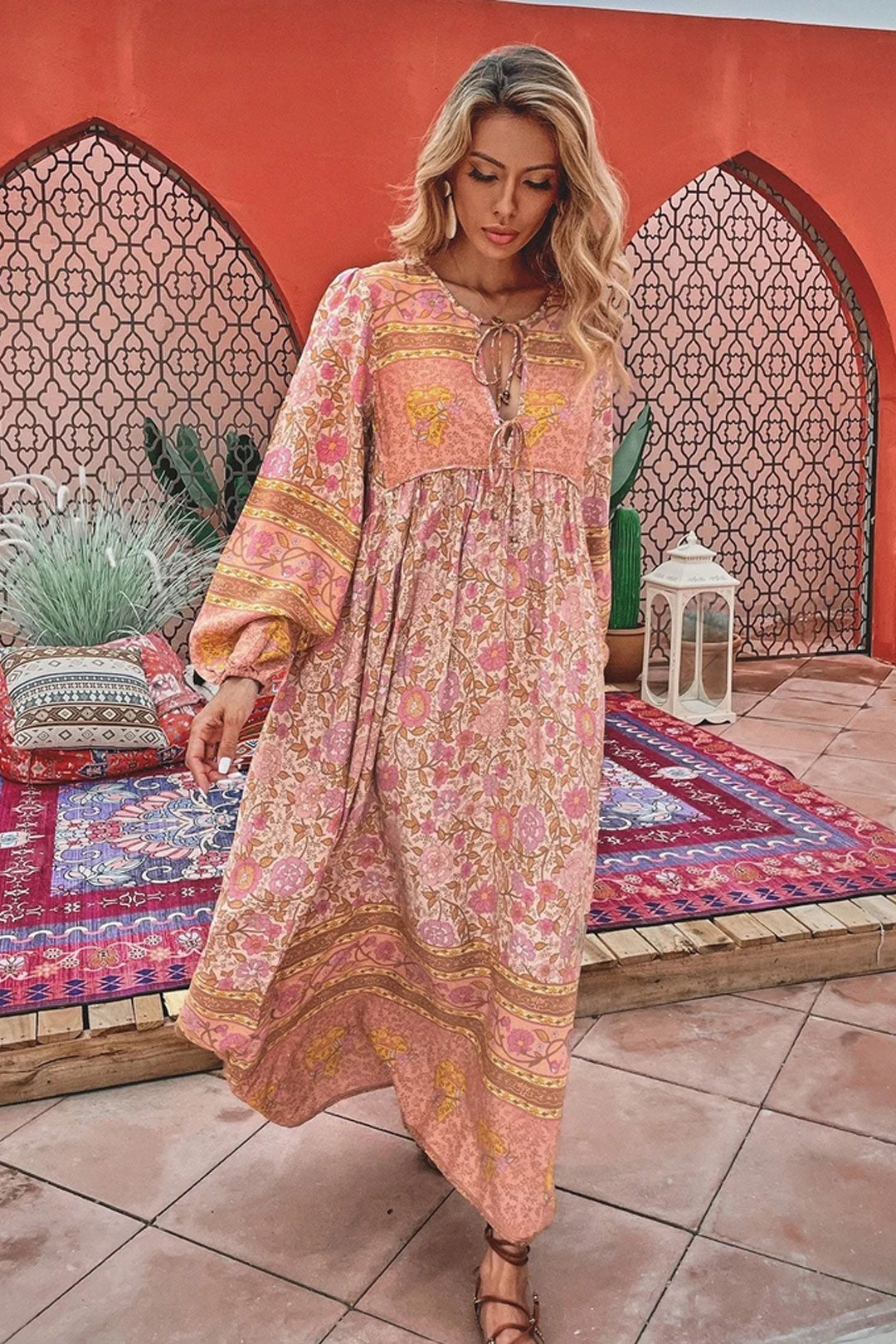 Gown Dress, Boho Maxi Dress, Loose Dress, Camila Indian Flower Pink