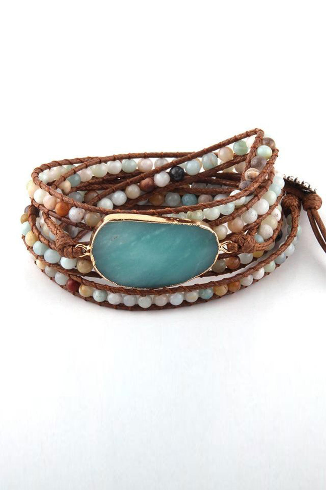 Boho Bracelet, RH 5 Layers Leather Wrap Bracelet, Natural Stones, Blue, White, Brown