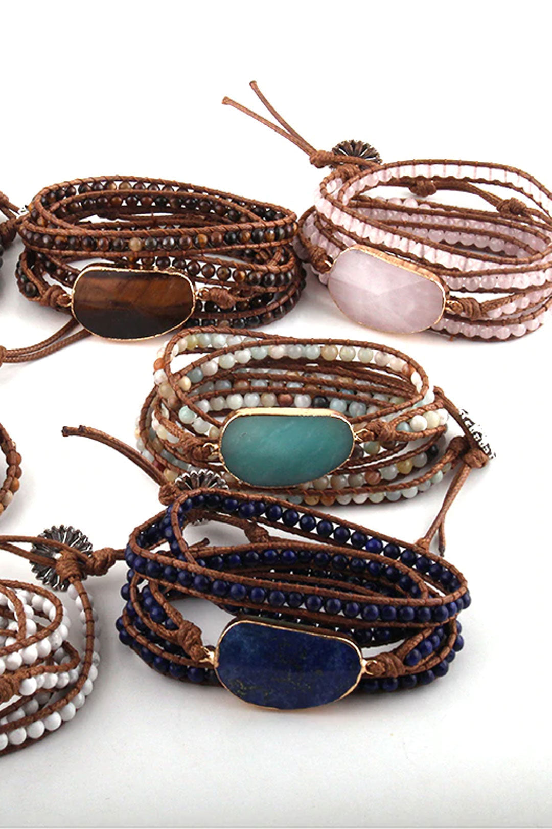 Boho Bracelet, RH 5 Layers Leather Wrap Bracelet, Natural Stones, Blue, White, Brown