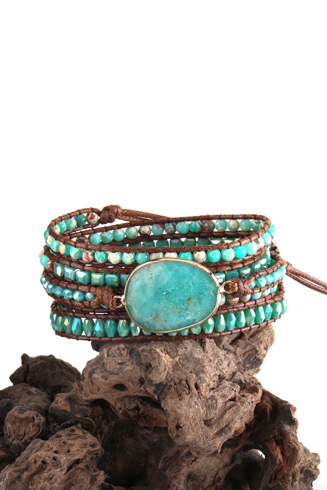 Boho Bracelet, RH 5 Layers Leather Wrap Bracelet, Natural Stones, Green Ocean