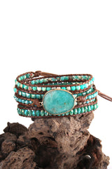 Boho Bracelet, RH 5 Layers Leather Wrap Bracelet, Natural Stones, Green Ocean