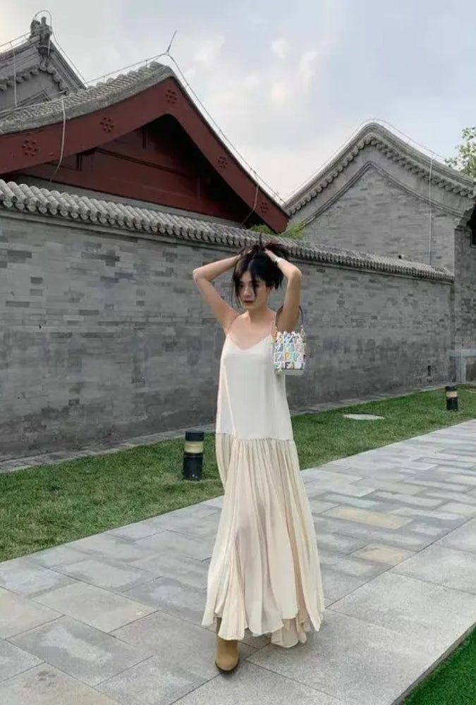 Boho Beach Maxi Dress - Ivory Spaghetti Strap - Loose Slip Long Dress Aury