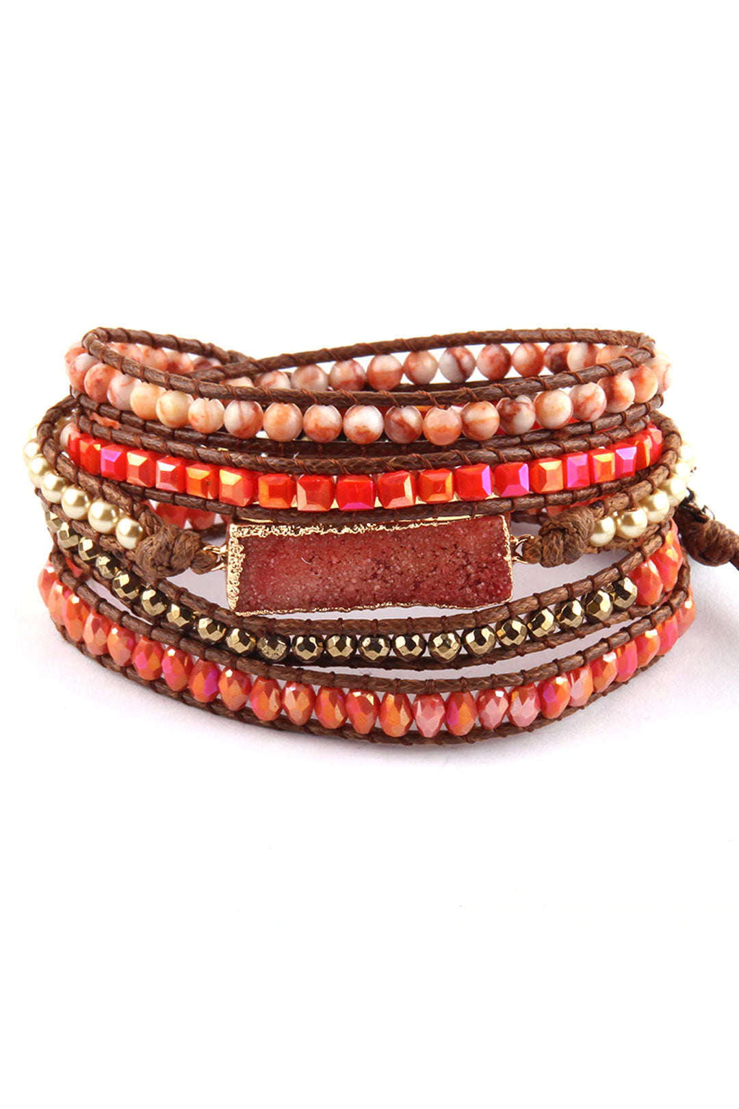 Boho Bracelet, RH 5 Layers Leather Wrap Bracelet, Natural Stones, Gold Purple Sapphire
