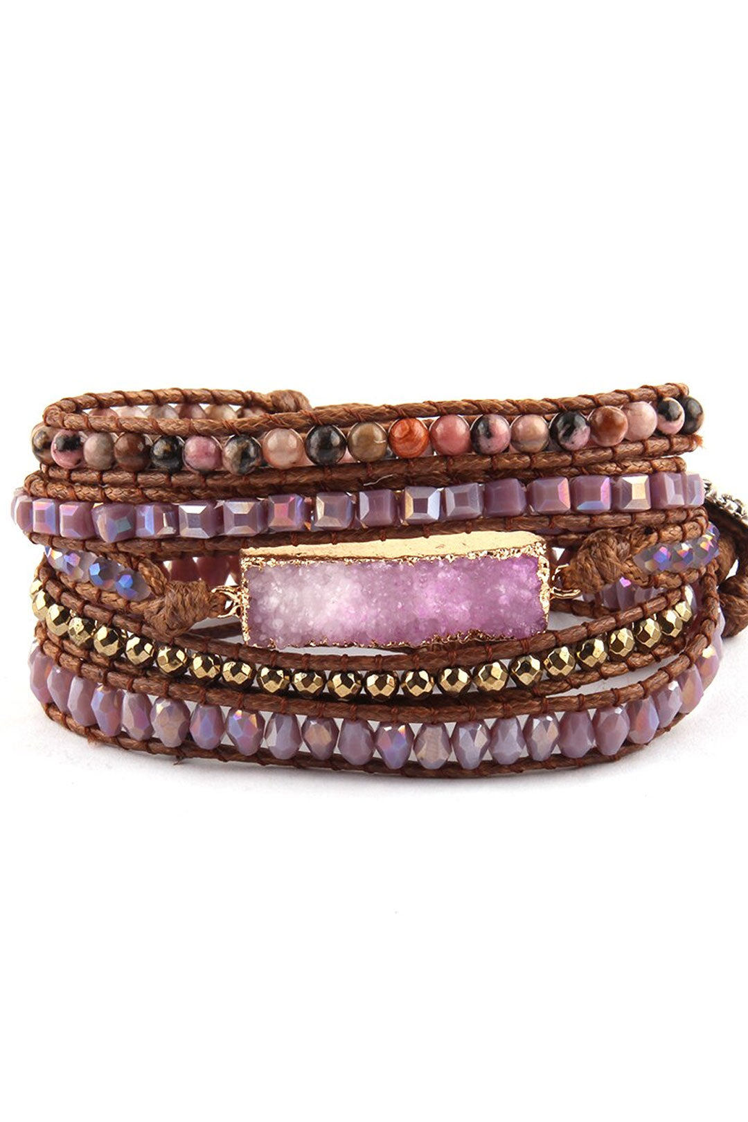 Boho Bracelet, RH 5 Layers Leather Wrap Bracelet, Natural Stones, Gold Purple Sapphire