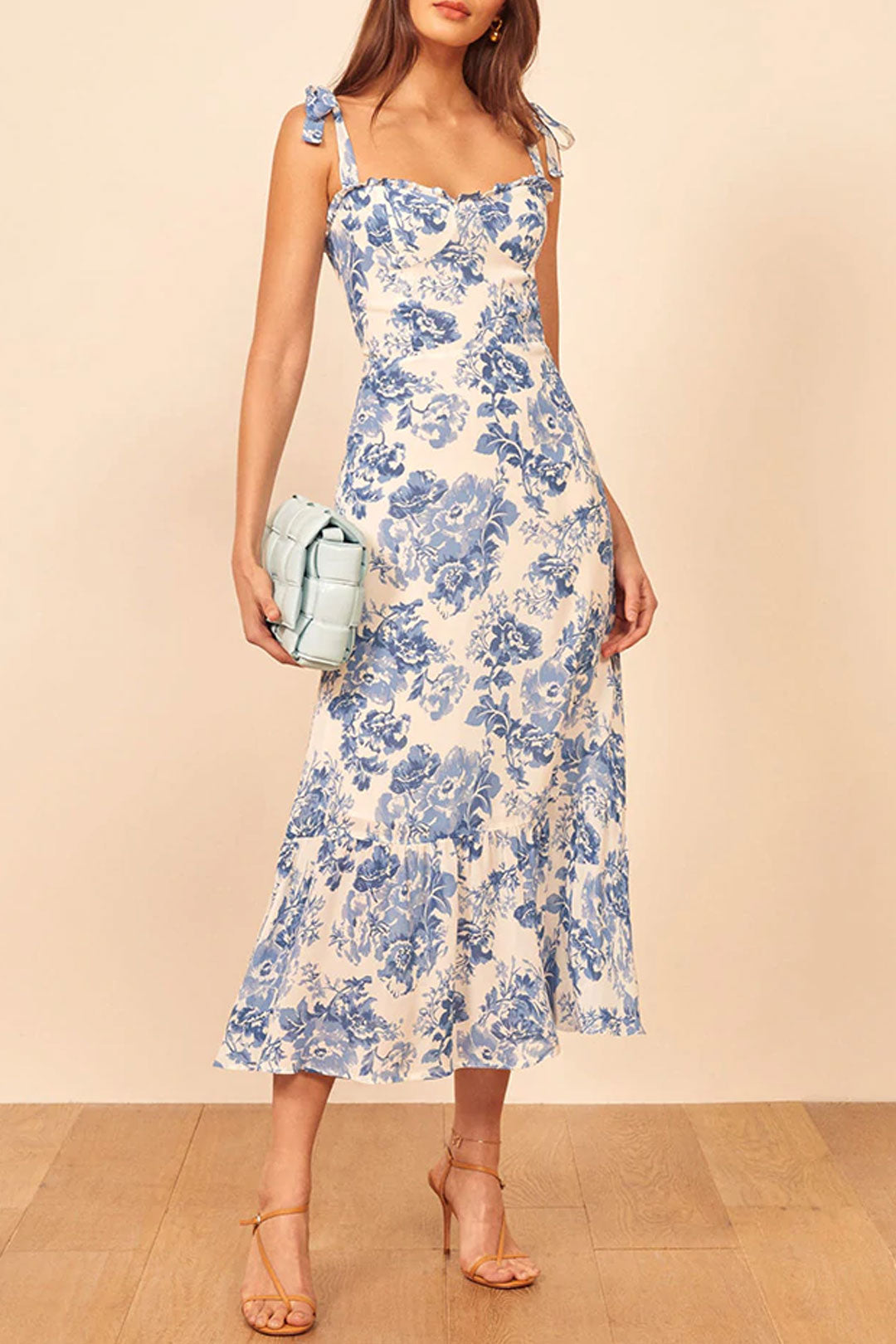 Boho Midi Dress, Strappy Sundress, Blue Rose