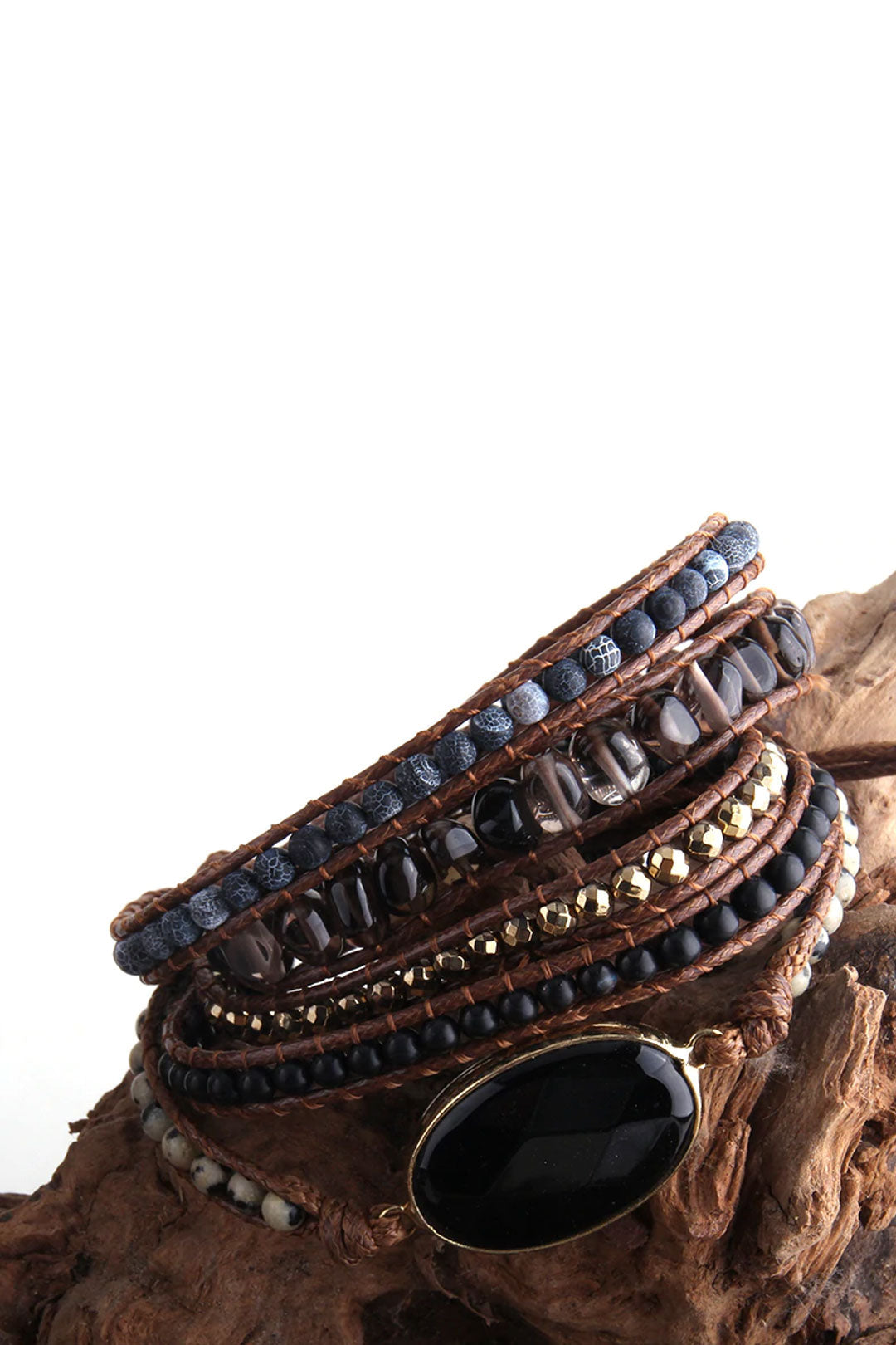 Boho Bracelet, RH 5 Layers Leather Wrap Bracelet, Black Onyx