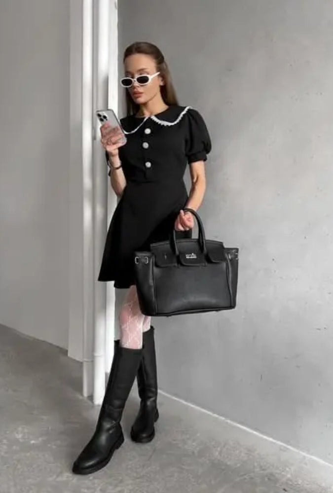 Vintage Mini Dress - Doll Collar, Long Sleeve, Summer Party Club Dress Ariyah in White amd Black