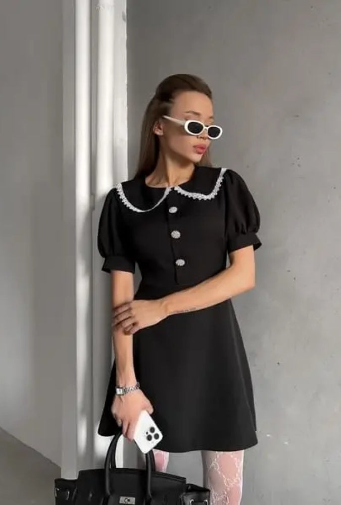 Vintage Mini Dress - Doll Collar, Long Sleeve, Summer Party Club Dress Ariyah in White amd Black
