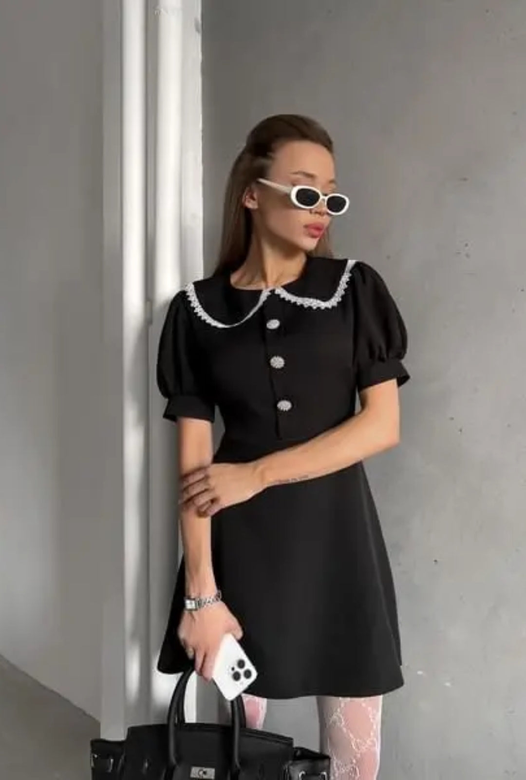 Vintage Mini Dress - Doll Collar, Long Sleeve, Summer Party Club Dress Ariyah in White amd Black