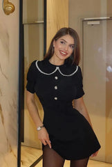 Vintage Mini Dress - Doll Collar, Long Sleeve, Summer Party Club Dress Ariyah in Black and White